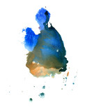 Abstract handmade blue and ocher watercolor splash on white background
