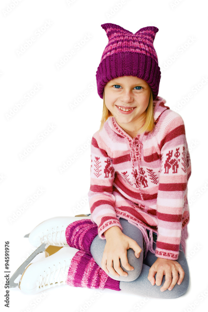 Ice skating. The little girl sitting on ice in ice skating. Ice skating. The little girl sitting on ice in ice skating.