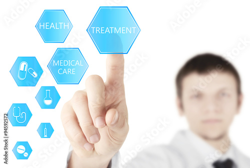 Doctor hand with medicine icons - medical technology concept
