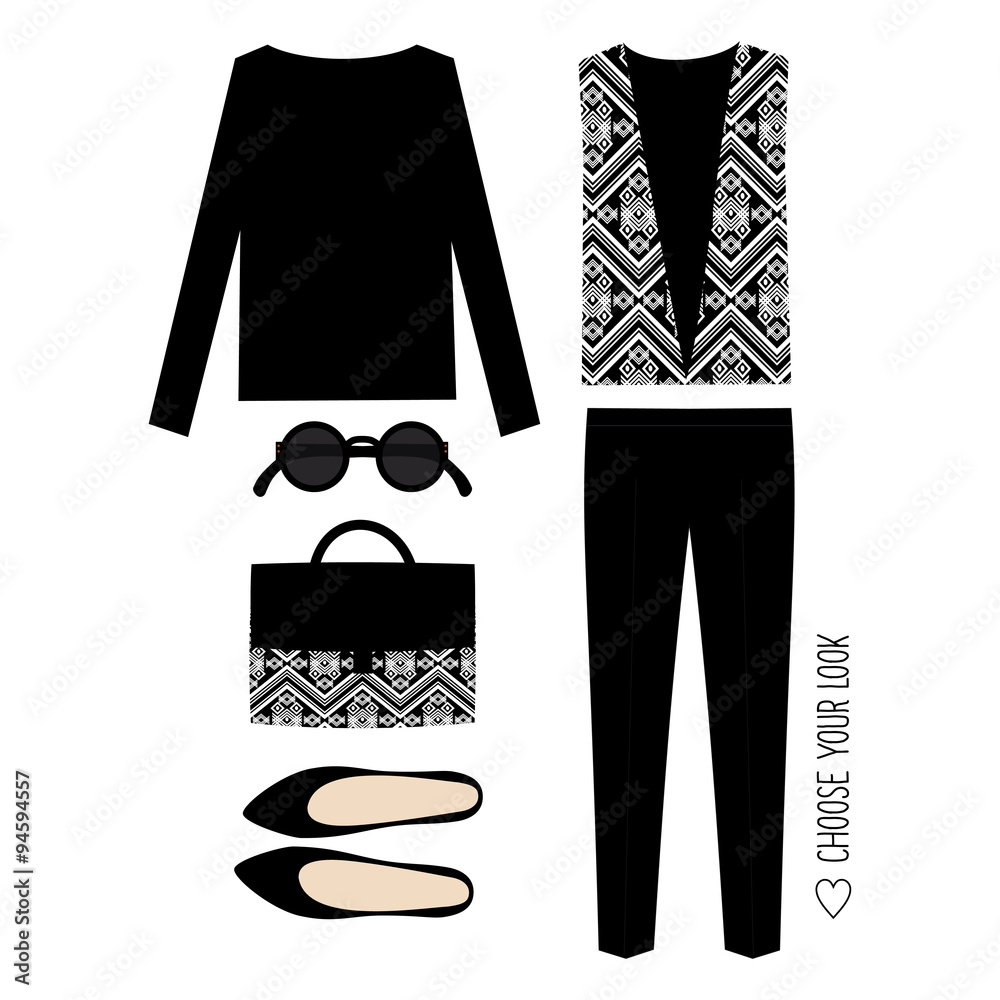 Fashion vector Illustration. Woman modern clothing set. Stylish and