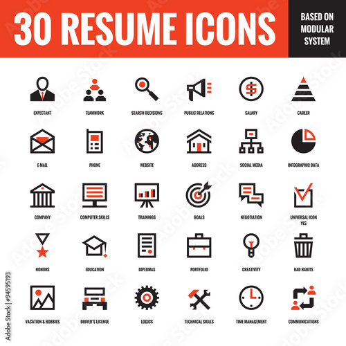 30 resume creative vector icons based on modular system. Set of 30 business concept vector icons for resume, presentation, website and other design and business project. Design elements.