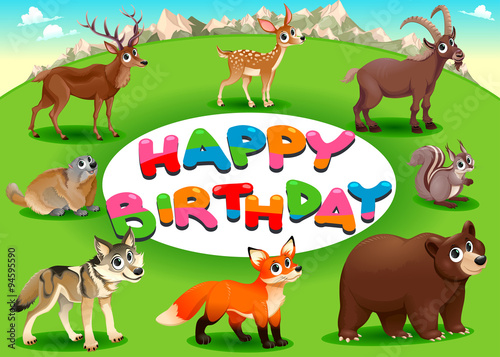Happy Birthday card with mountain animals