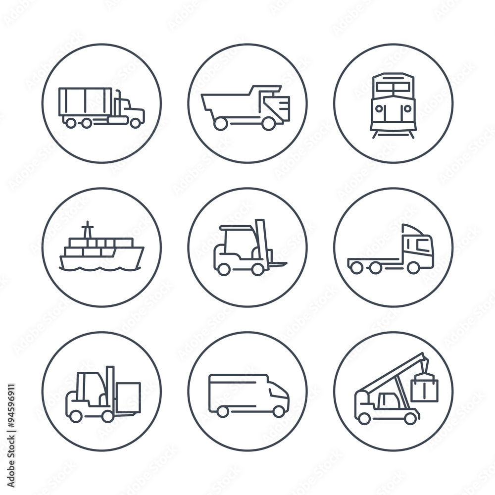 Transportation line icons in circles, Forklift, Cargo ship, Freight train, Cargo truck, vector illustration Transportation line icons in circles, Forklift, Cargo ship, Freight train, Cargo truck, vector illustration