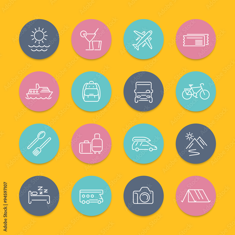 Travel, tourism, trip, tour line icons in color circles with shadow, vector illustration Travel, tourism, trip, tour line icons in color circles with shadow, vector illustration