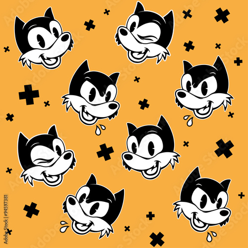 vintage woolf head emotions toon character seamless pattern.