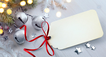 art Christmas fir tree with decoration on wooden board; Christma