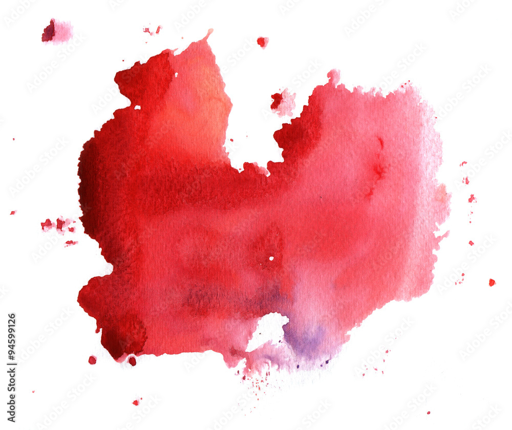 Abstract handmade red and scarlet watercolor splash on white background