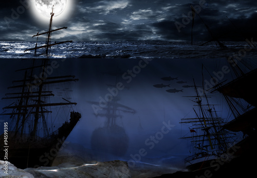 underwater world with old ship