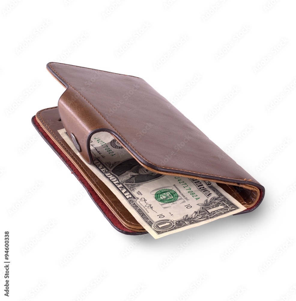 Leather purse with money on white background Leather purse with money on white background