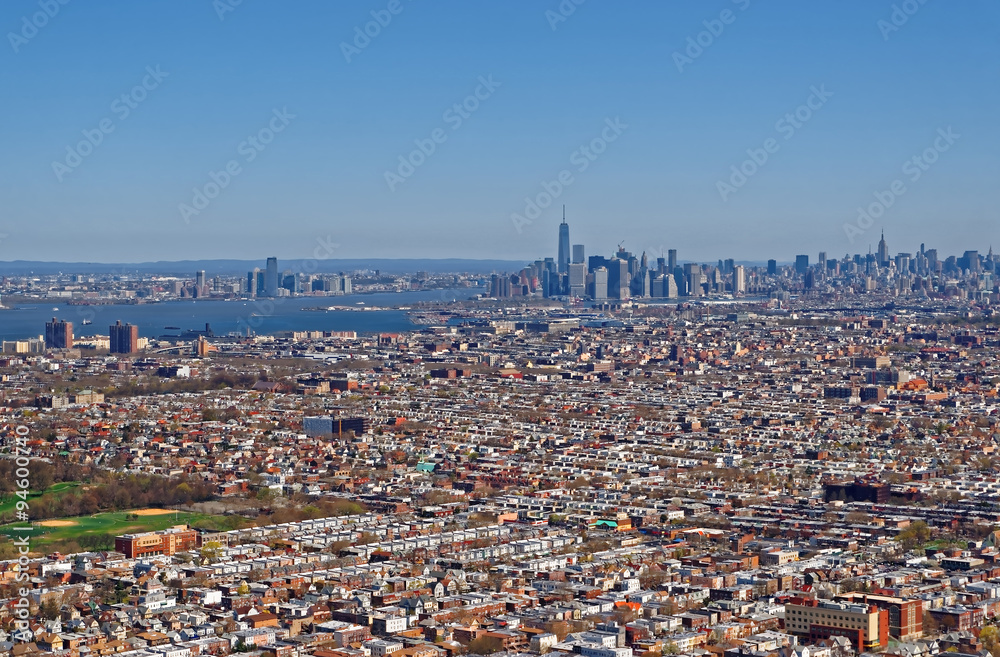 Aerial view of Brooklyn with Manhattan in the background