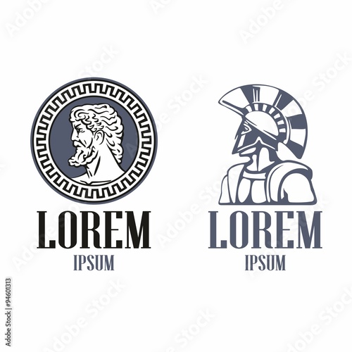 Ancient Greece philosopher head and Spartan warrior in the traditional helmet on his head . Illustration For Emblem, Logo, icon in vintage style.