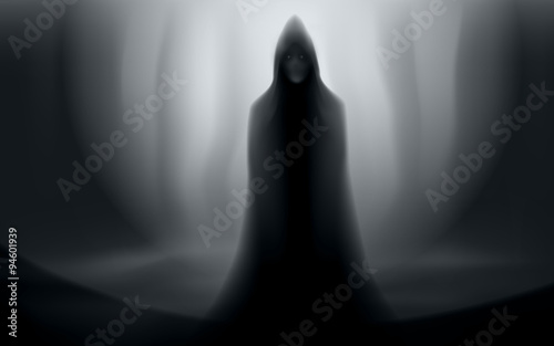 spooky man in cloak halloween forest scene editable vector