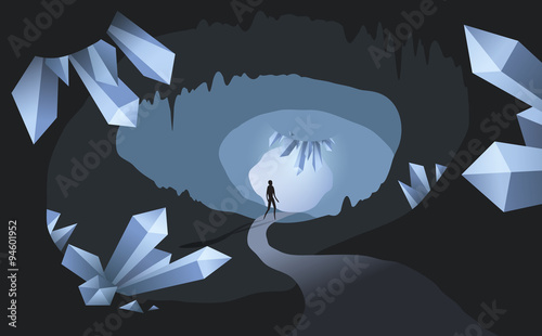 surreal crystal cave with man illustration vector editable
