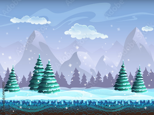 Seamless cartoon winter landscape background endless ice, snow h