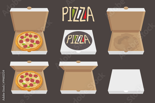The whole pizza in the opened and closed cardboard box. Delivery. Set isolated vector Flat style illustration