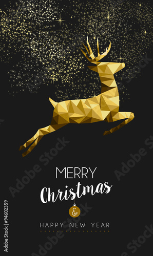 Merry christmas happy new year gold deer low poly