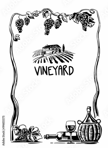 Rural landscape with villa and vineyard fields. Bunch of grapes, a bottle, a glass and a jug of wine. Black and white vintage vector high illustration for label, poster, web, icon.