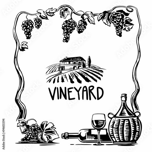 Rural landscape with villa and vineyard fields. Bunch of grapes, a bottle, a glass and a jug of wine. Black and white vintage vector square illustration for label, poster, web, icon.