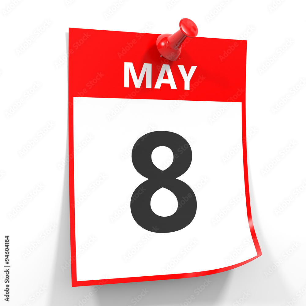 8 may calendar sheet with red pin. 8 may calendar sheet with red pin.