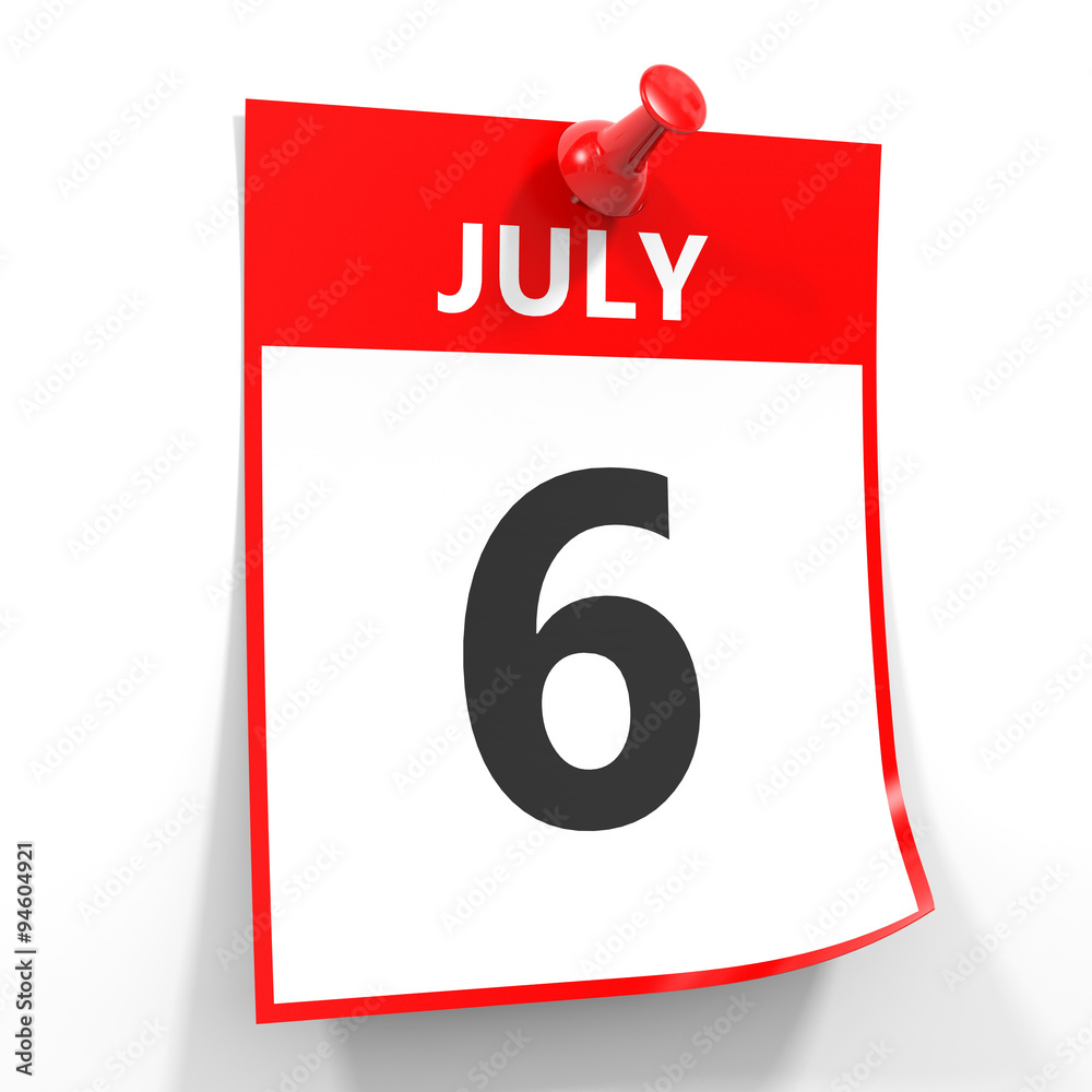 6 july calendar sheet with red pin. 6 july calendar sheet with red pin.