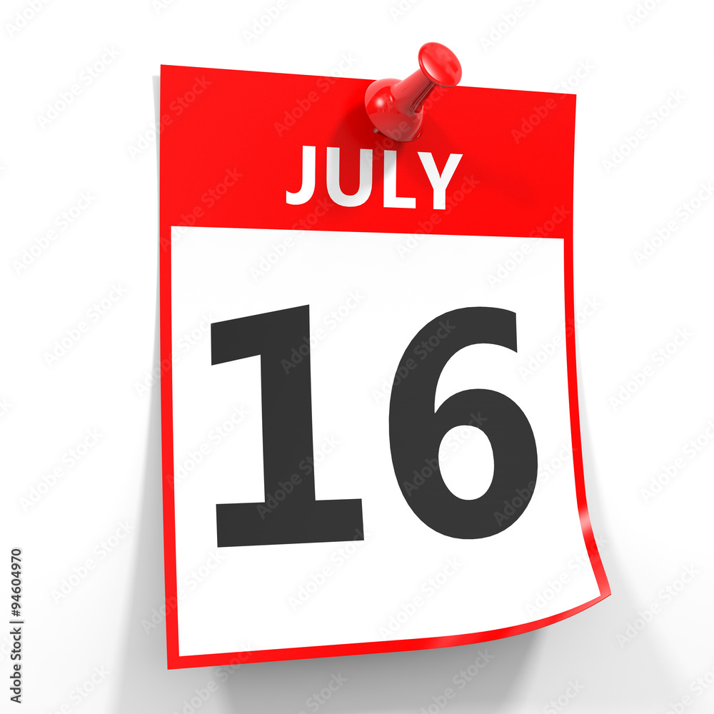 16 july calendar sheet with red pin. 16 july calendar sheet with red pin.