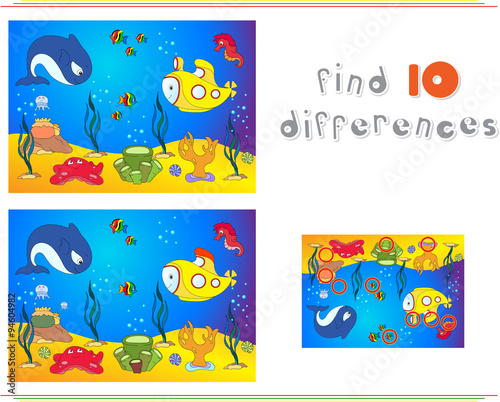 Underwater world, ocean floor with octopus, submarine, whale, fi