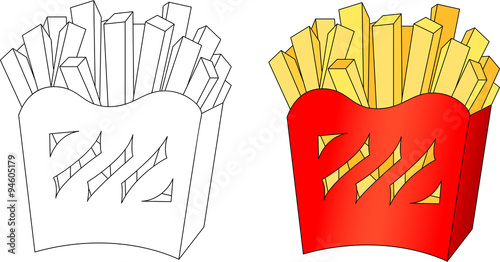 French fries in a box. Coloring book for kids about food