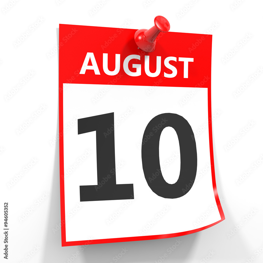 10 august calendar sheet with red pin. 10 august calendar sheet with red pin.