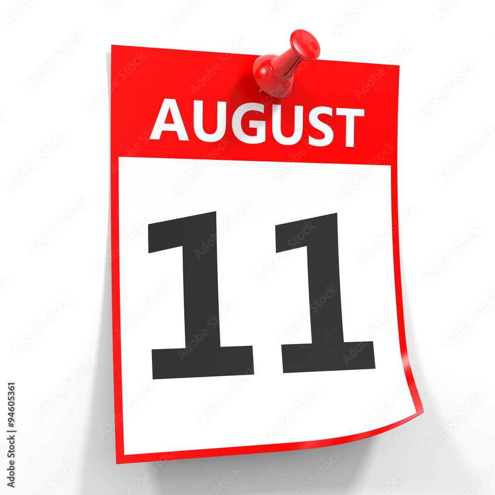 11 august calendar sheet with red pin. 11 august calendar sheet with red pin.
