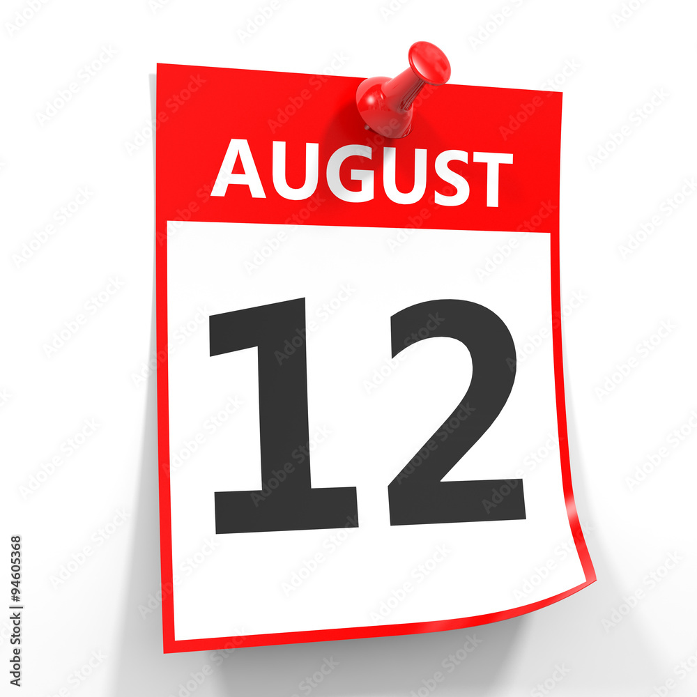 12 august calendar sheet with red pin. 12 august calendar sheet with red pin.