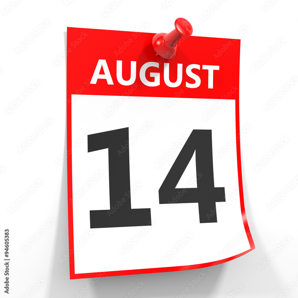 14 august calendar sheet with red pin. 14 august calendar sheet with red pin.