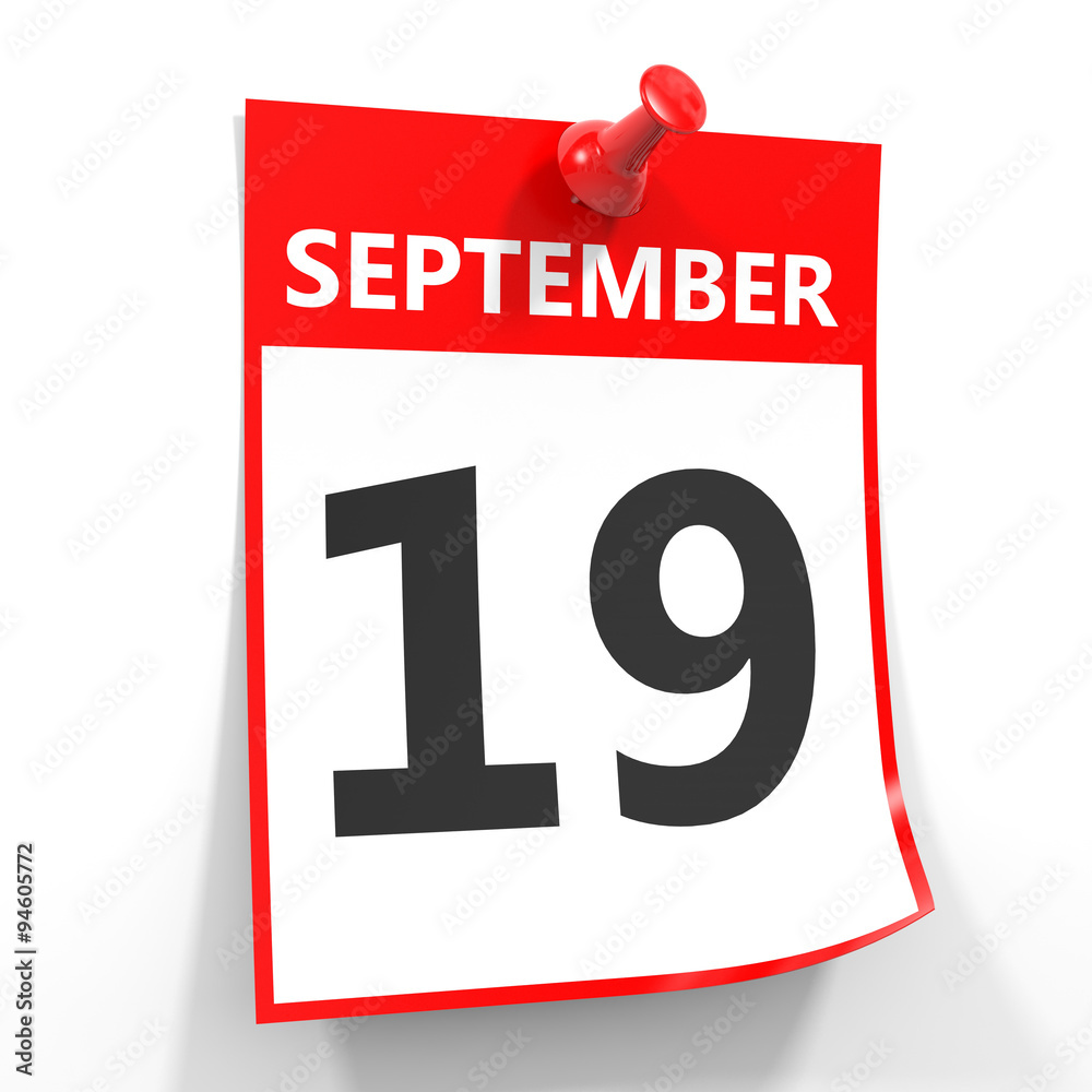 19 september calendar sheet with red pin. 19 september calendar sheet with red pin.