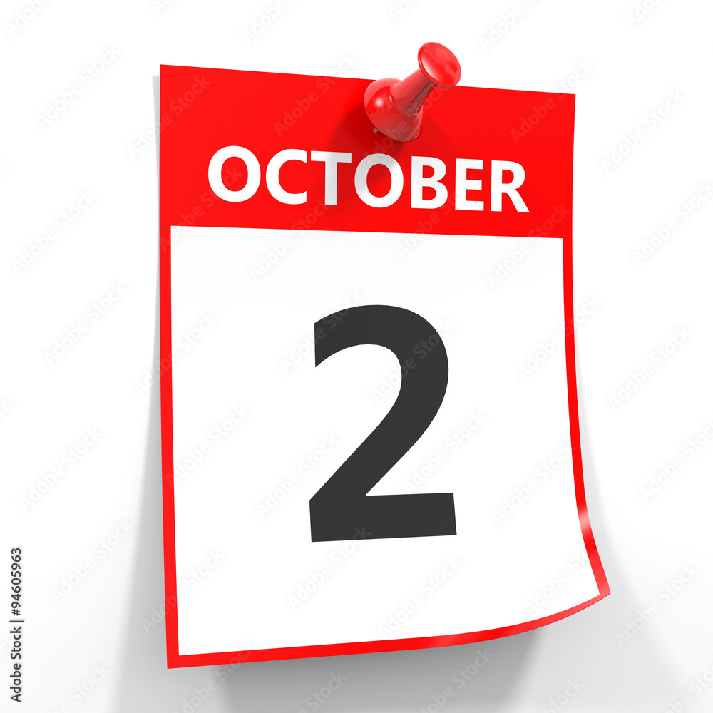 2 october calendar sheet with red pin. 2 october calendar sheet with red pin.