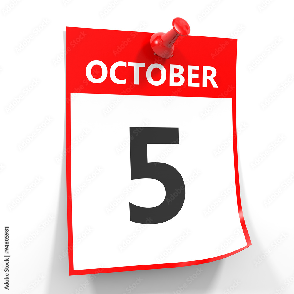 5 october calendar sheet with red pin. 5 october calendar sheet with red pin.
