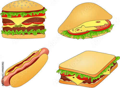 Hamburger, hot dog, sandwich and pitta with cheese, tomato, meat