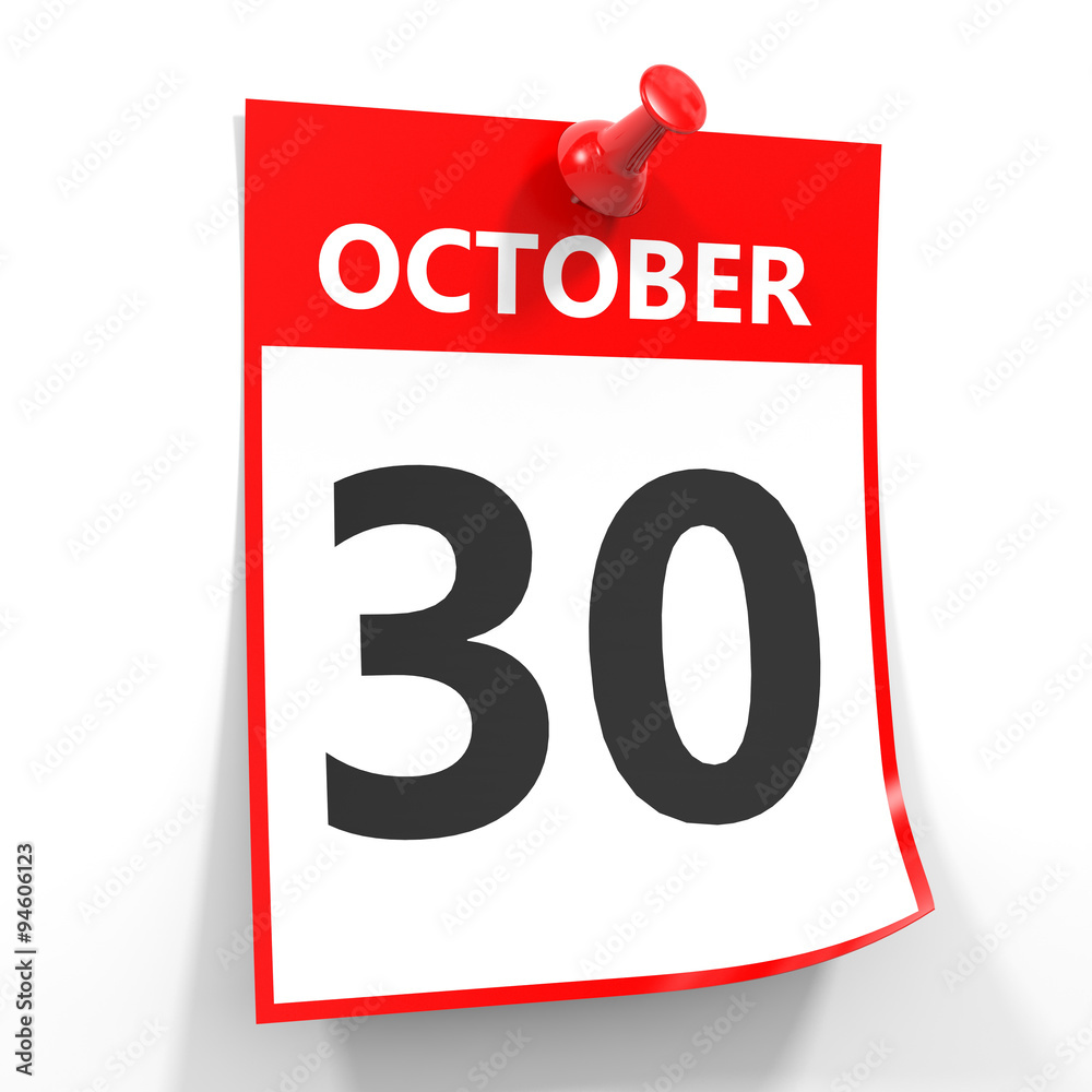 30 october calendar sheet with red pin. 30 october calendar sheet with red pin.