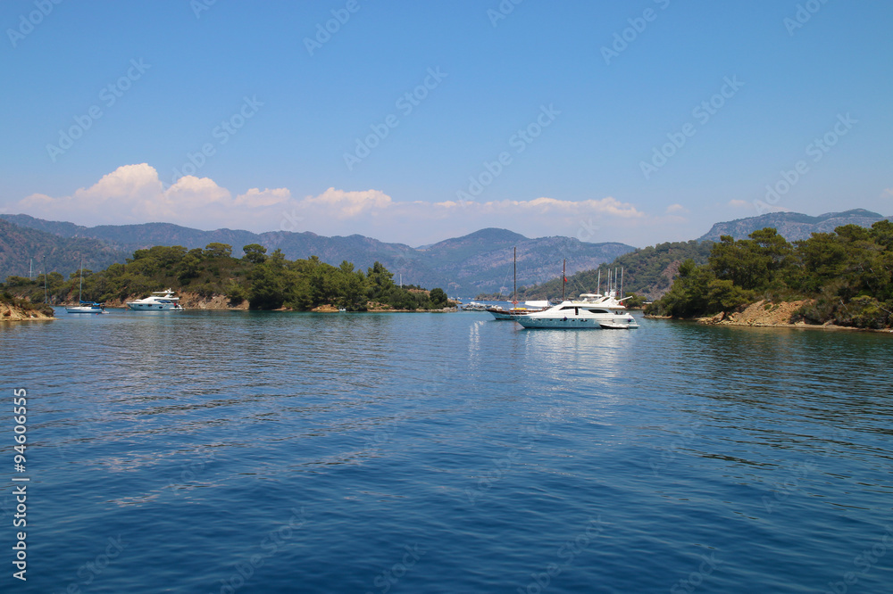 The photograph picturesque sea bay. In the background visible mountains.