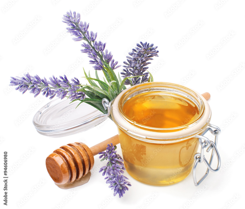 jar of liquid honey with lavender jar of liquid honey with lavender
