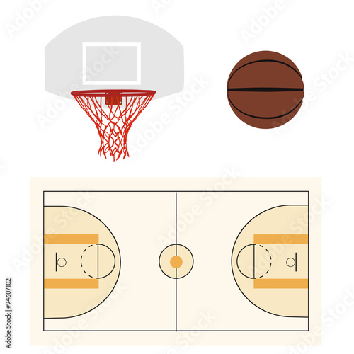 Basketball ball, hoop and court
