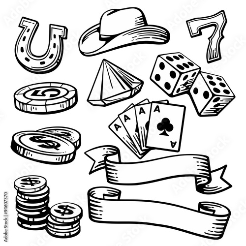 Casino set symbols and stetson. Black and white vintage vector illustration on white background for label, poster, web, icon, banner.