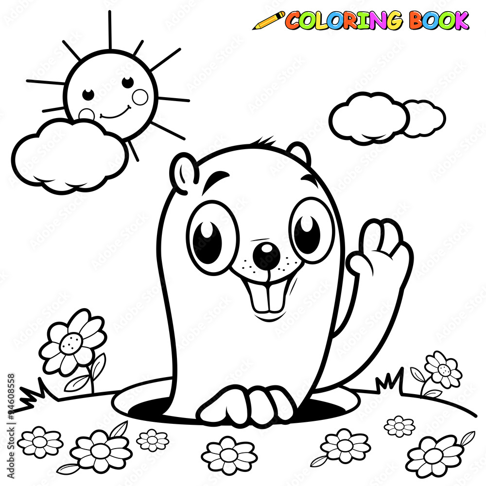 Cartoon groundhog peeking out of it's hole. Vector black and white coloring page Cartoon groundhog peeking out of it's hole. Vector black and white coloring page