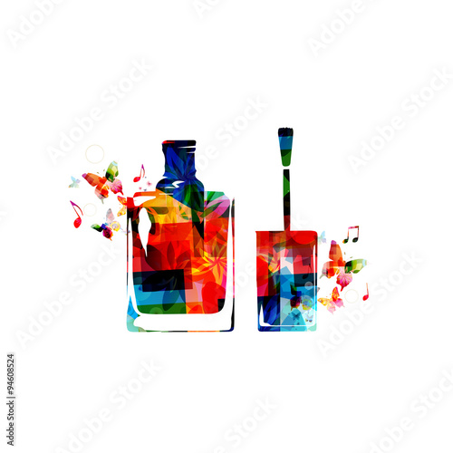 Colorful bottle of nail polish with brush