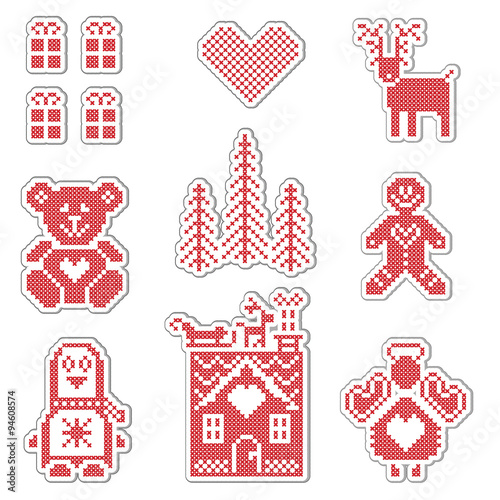 Scandinavian style Nordic winter red switch , knitting Christmas pattern including gingerbread house, Christmas gifts, christmas trees, penguin, angel, reindeer, teddy bear, heart icon set 
