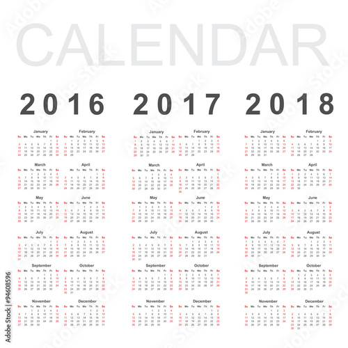 Calendar for 2016, 2017 and 2018 year, vector