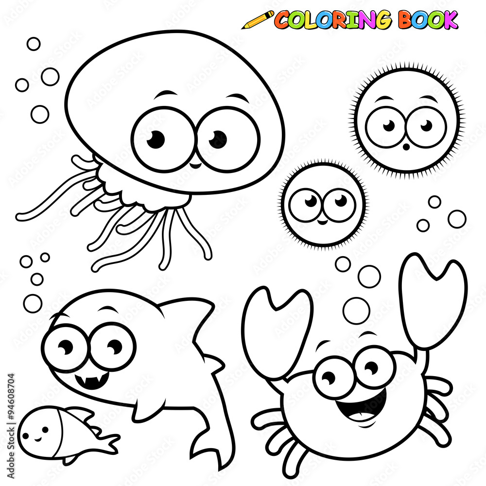 Obraz premium Sea animals swimming underwater. Vector black and white coloring page 