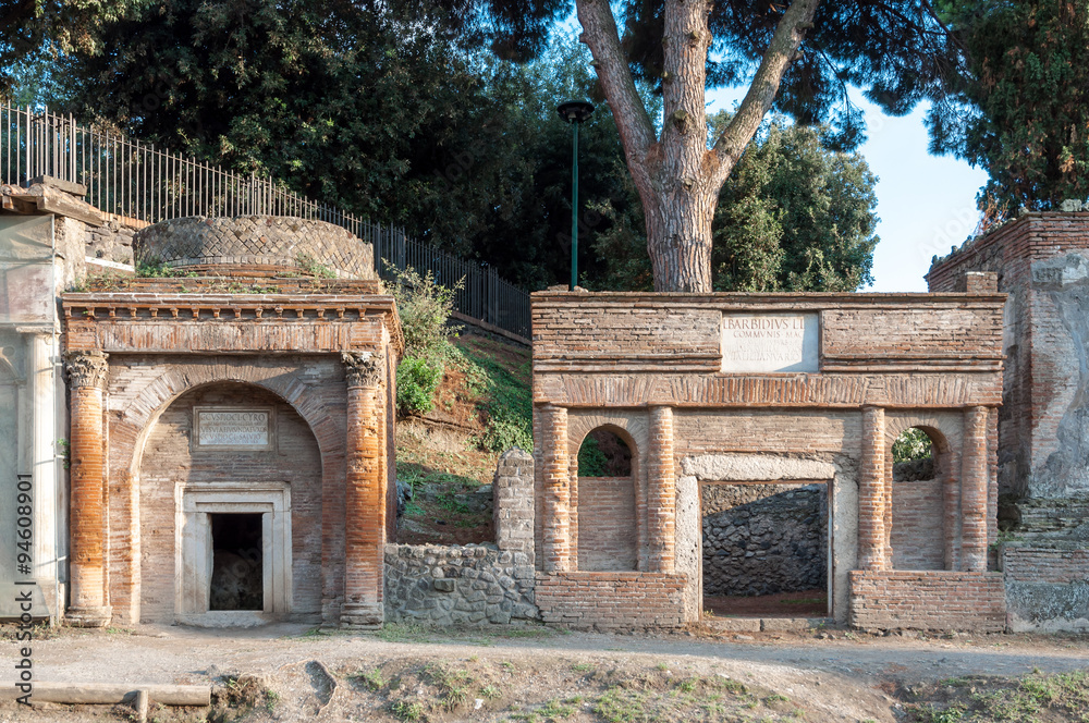 Remains of bricks graves at necropoli of Pompeii, Italy