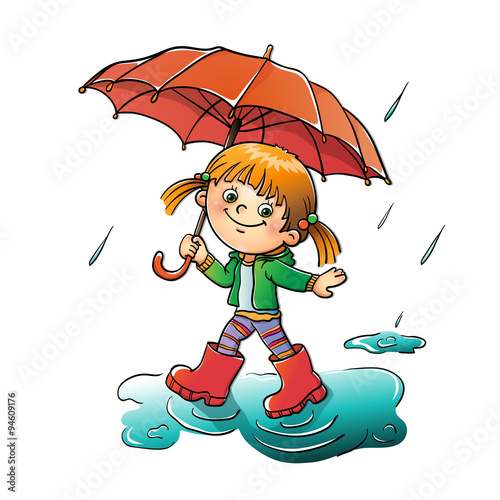 Happy girl walking in the rain isolated on white