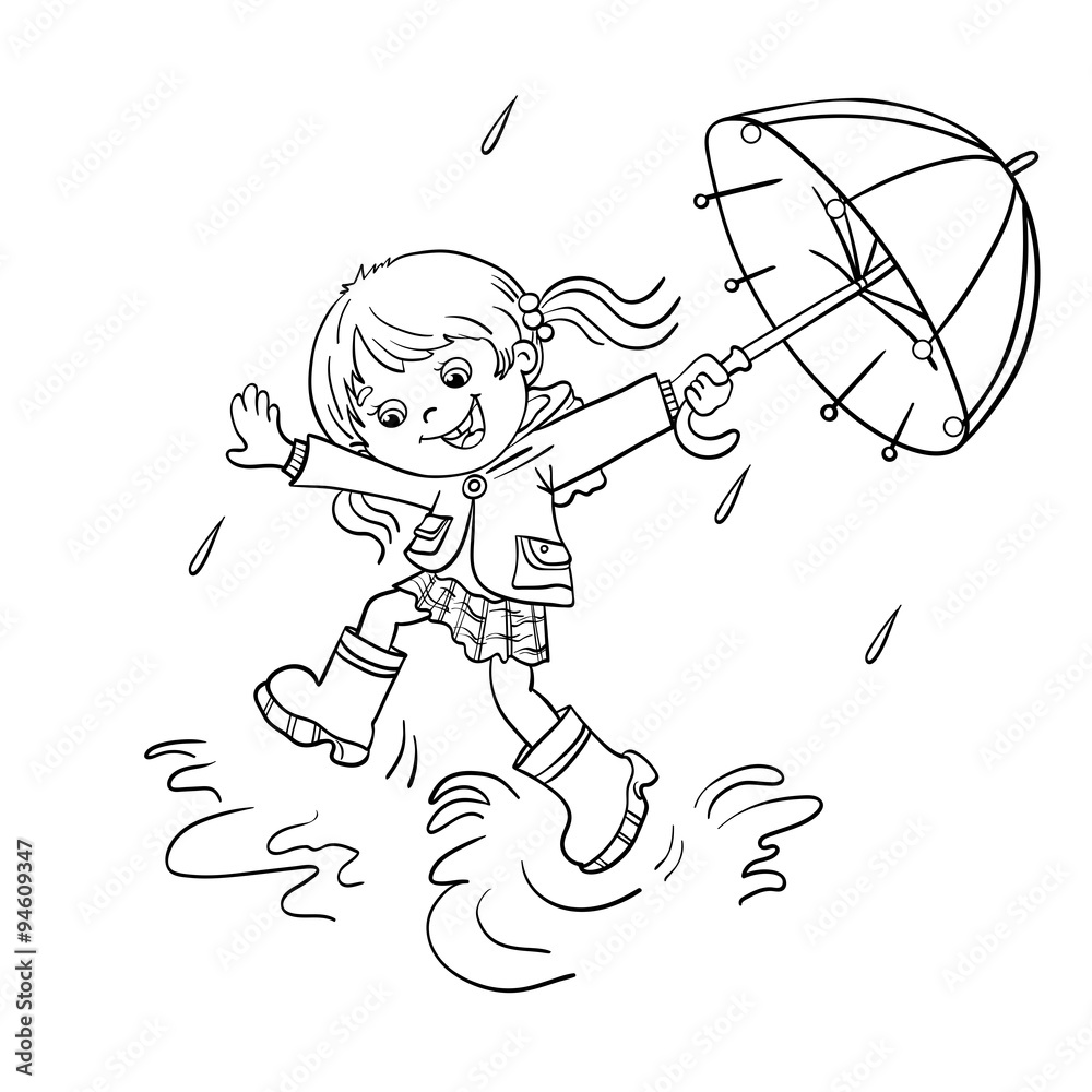 Coloring Page Outline Of a girl jumping in the rain Stock Vector ...