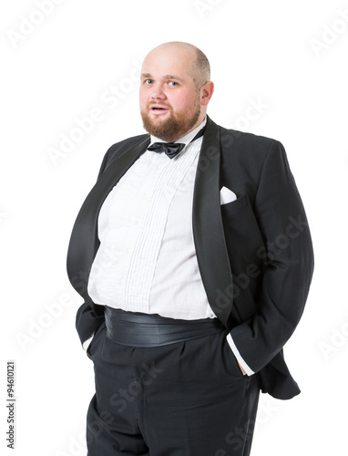 Jolly Fat Man in Tuxedo and Bow tie Shows Emotions