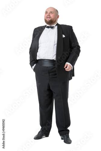Jolly Fat Man in Tuxedo and Bow tie Shows Emotions